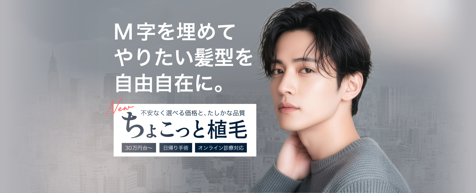 M時を埋めてやりたい髪型を自由自在に。 不安なく選べる価格と、確かな品質 ちょこっと植毛