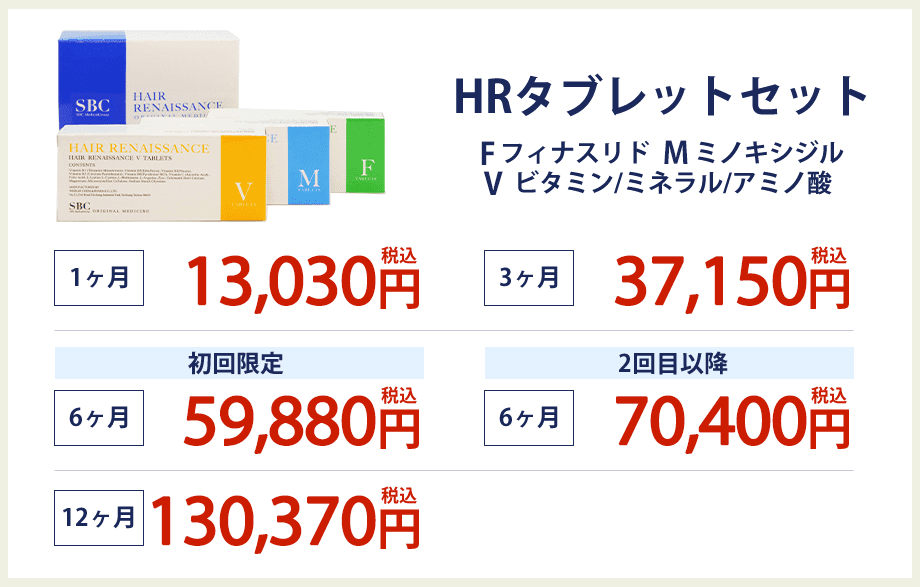 HRタブレットセット 1ヶ月 12,800円(税込) 3ヶ月 36,480円(税込) 初回限定 6ヶ月 58,88円(税込) 2回目以降 6ヶ月 69.120円(税込) 12ヶ月 128,000円(税込)